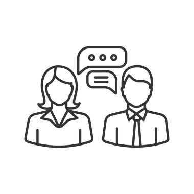 İş sohbet doğrusal simgesi. Tartışmalar çalışıyorum. İş görüşmesi. İnce hat illüstrasyon. İş konuşma. Kontur sembolü. Çevrimiçi destek. Çizim vektör izole anahat