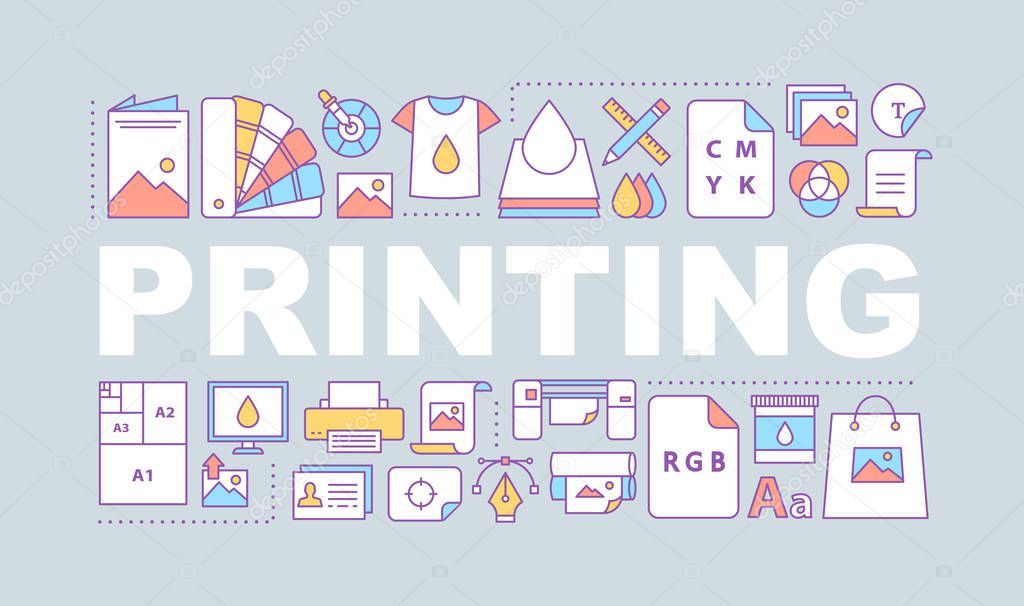 Printing word concepts banner. Polygraphy and typography. Graphic design. Printers, color models, mockups. Isolated lettering typography idea with linear icons. Vector outline illustratio