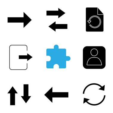 UI/Ux glif simgeler kümesi. Sonraki, dikey ve yatay takas, geri yükleme sayfa, çıkış, uzatma, userpic, sırt, yenileme ok. Siluet simgeler. İzole vektör çizim