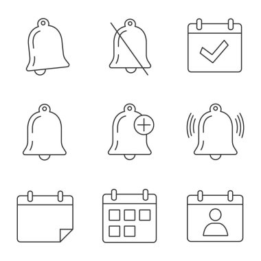 UI/Ux doğrusal Icons set. Bildirimleri modları, tam gün, alarm, uyarı mektubu, takvim, tarih aralığı, iletişim. İnce çizgi kontur sembolleri. İzole vektör anahat çizimler