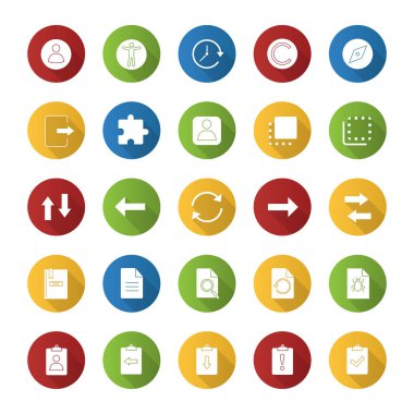 UI/Ux düz tasarım uzun gölge glif simgeler kümesi. Sistem öğeleri. Ortak eylemler sembolleri. Vektör siluet çizimi