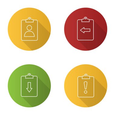 UI/Ux düz doğrusal uzun gölge simgeler kümesi. Atama Ind, aşağı, sol ok ve ünlem işareti ile panoları. Vektör anahat çizim