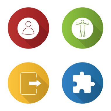 UI/Ux düz tasarım uzun gölge glif simgeler kümesi. Kullanıcı hesabı, web erişilebilirlik, çıkış düğmesi, uzantısı