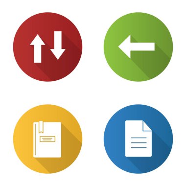 UI/Ux düz tasarım uzun gölge glif simgeler kümesi. Dikey takas, geri okunu, Not defteri, dosya. Vektör siluet çizimi