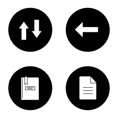 UI/Ux glif simgeler kümesi. Dikey takas, geri okunu, Not defteri, dosya. Vektör beyaz siyah daireler resimlerde siluetleri