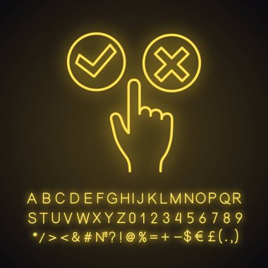 Kabul ve düğmeleri neon ışığı simgesi düşüş. Evet ya da Hayır'ı tıklatın. Onaylamak ve silin. El itme düğmesini. Alfabe, sayı ve sembol parlayan işaretiyle. İzole vektör çizim