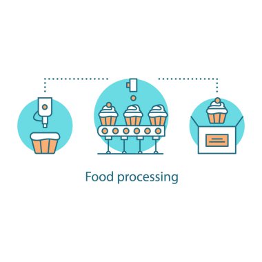 Gıda işleme kavramı simge. Kek Üretim fikir ince hat illüstrasyon. Gıda Sanayi. Çizim vektör izole anahat