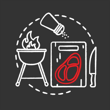 Barbekü Restoran tebeşir kavramı simge. Yiyecek hazırlama. Pişirme fikir. Barbekü. İzole kara tahta illüstrasyon vektör