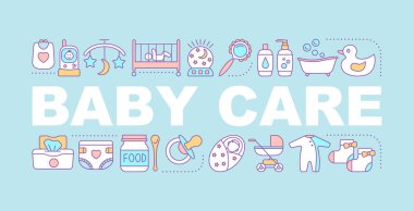 Bebek bakım kelime kavramları afiş. Çocuk Bakımı. Ekipman, giyim, arabaları, oyuncak, beslenme bebekler için. Tipografi fikir doğrusal simgeleri ile harfler izole. Vektör anahat çizim
