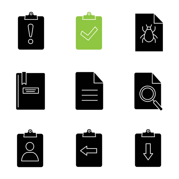 Glyph Icons Set Assignment Late Turned Bug Report Notepad File — Stock Vector