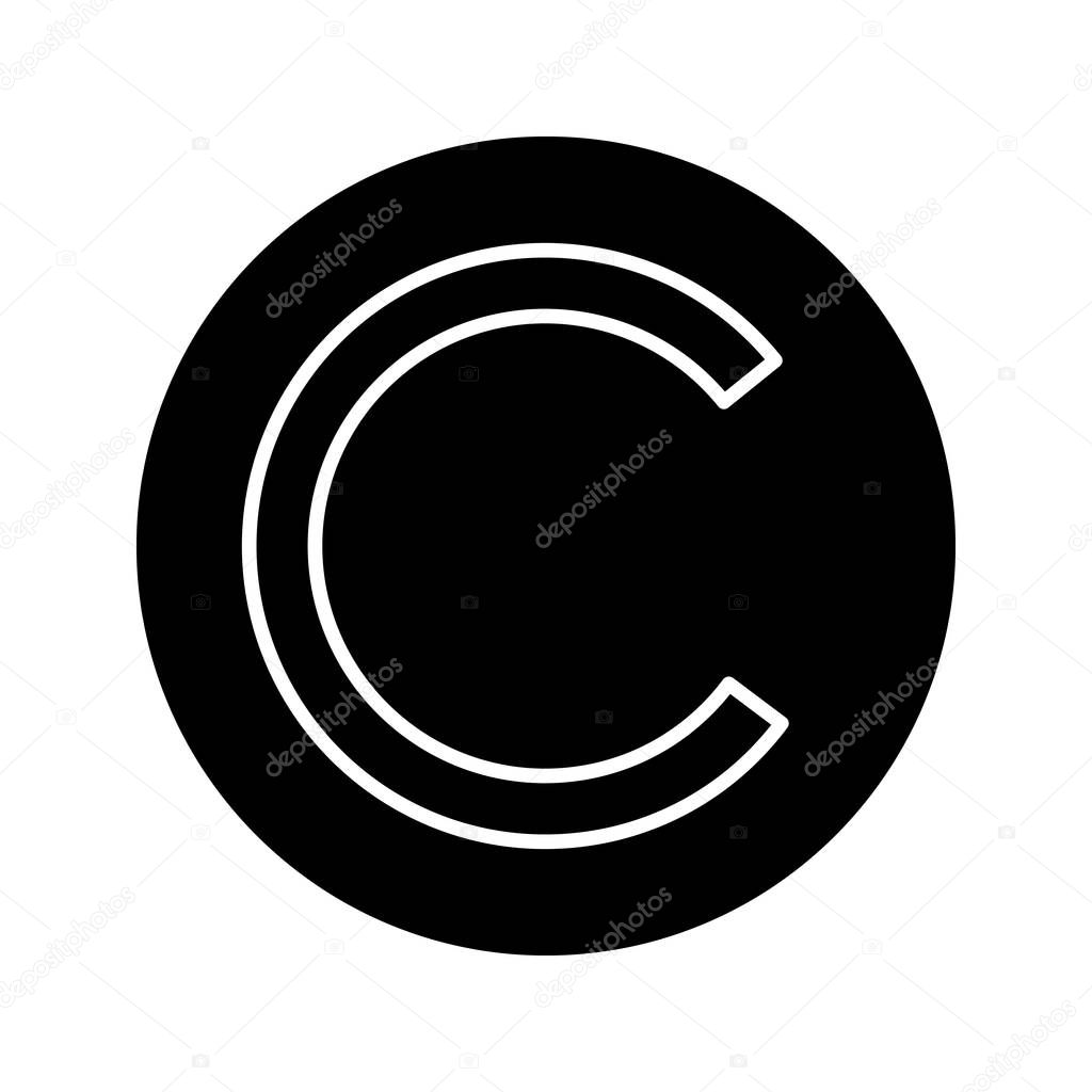 Copyright symbol glyph icon. License. Intellectual property. Enclosed C. Silhouette symbol. Negative space. Vector isolated illustration