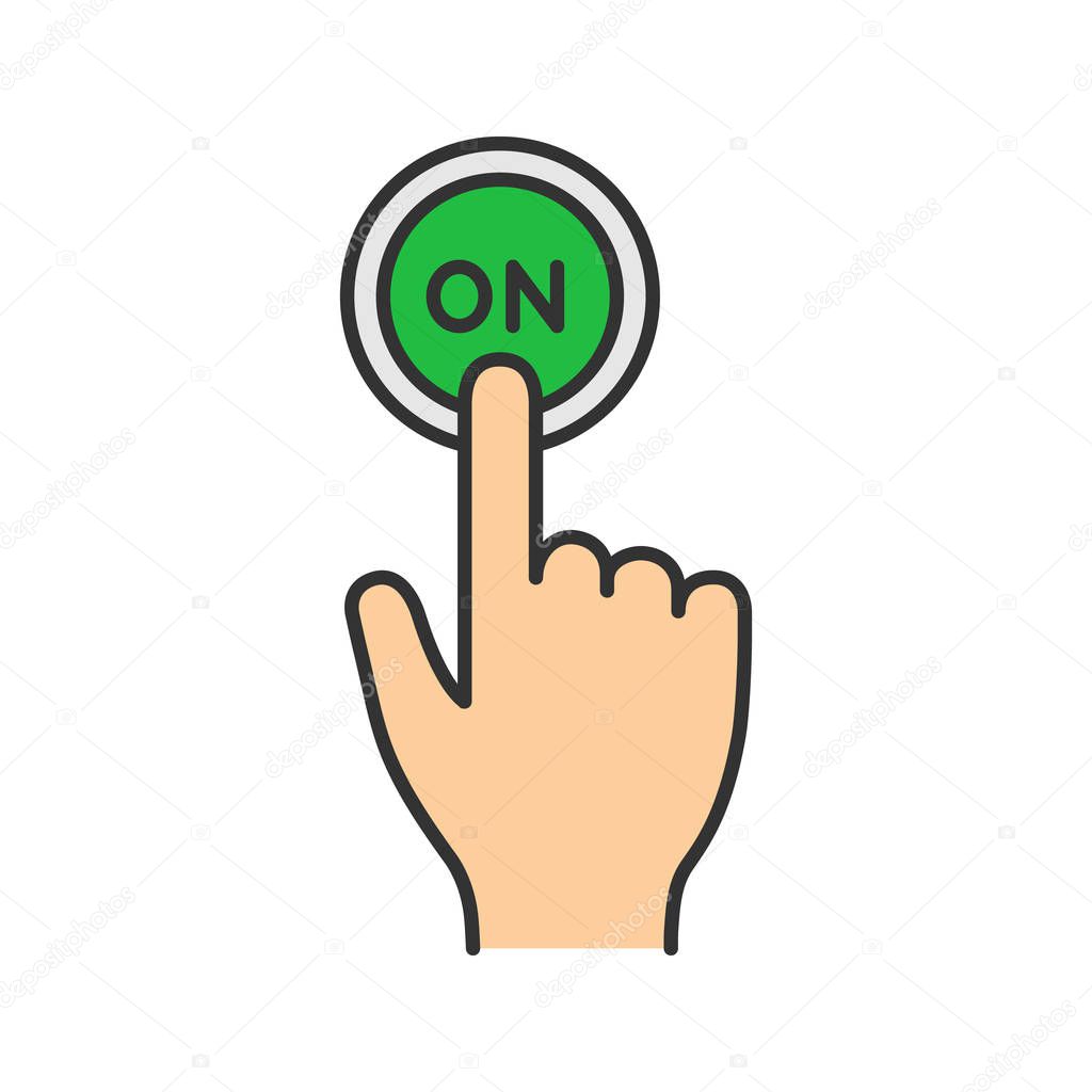 Turn on button click color icon. Power. Hand pressing button. Isolated vector illustration