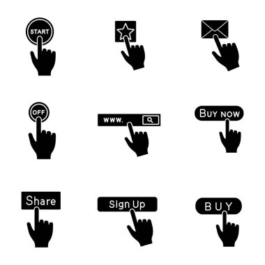 App düğmeleri glif Icons set tuşuna basarak eller. İzole vektör çizim