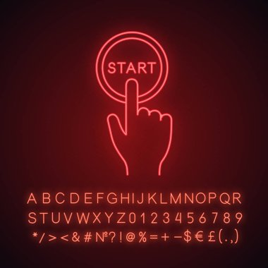 el basarak başlamak düğme, neon ışığı simgesi. Alfabe, sayı ve sembol parlayan işaretiyle. İzole vektör çizim