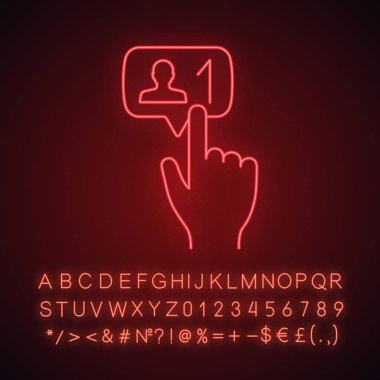 işaret yeni takipçisi simgesi, neon ışığı simgesi ver. Alfabe, sayı ve sembol parlayan işaretiyle. İzole vektör çizim