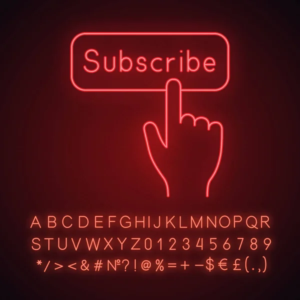 Hand Drücken Abonnement Taste Neonlicht Symbol Leuchtendes Zeichen Mit Alphabet — Stockvektor