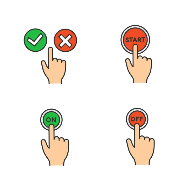 Mãos Clicando Botões App Conjunto Ícones Lineares Ilustrações Cores Vetoriais — Vetor de Stock