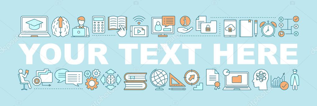 Lettering concept banner with digital theme icons. Vector outline illustration