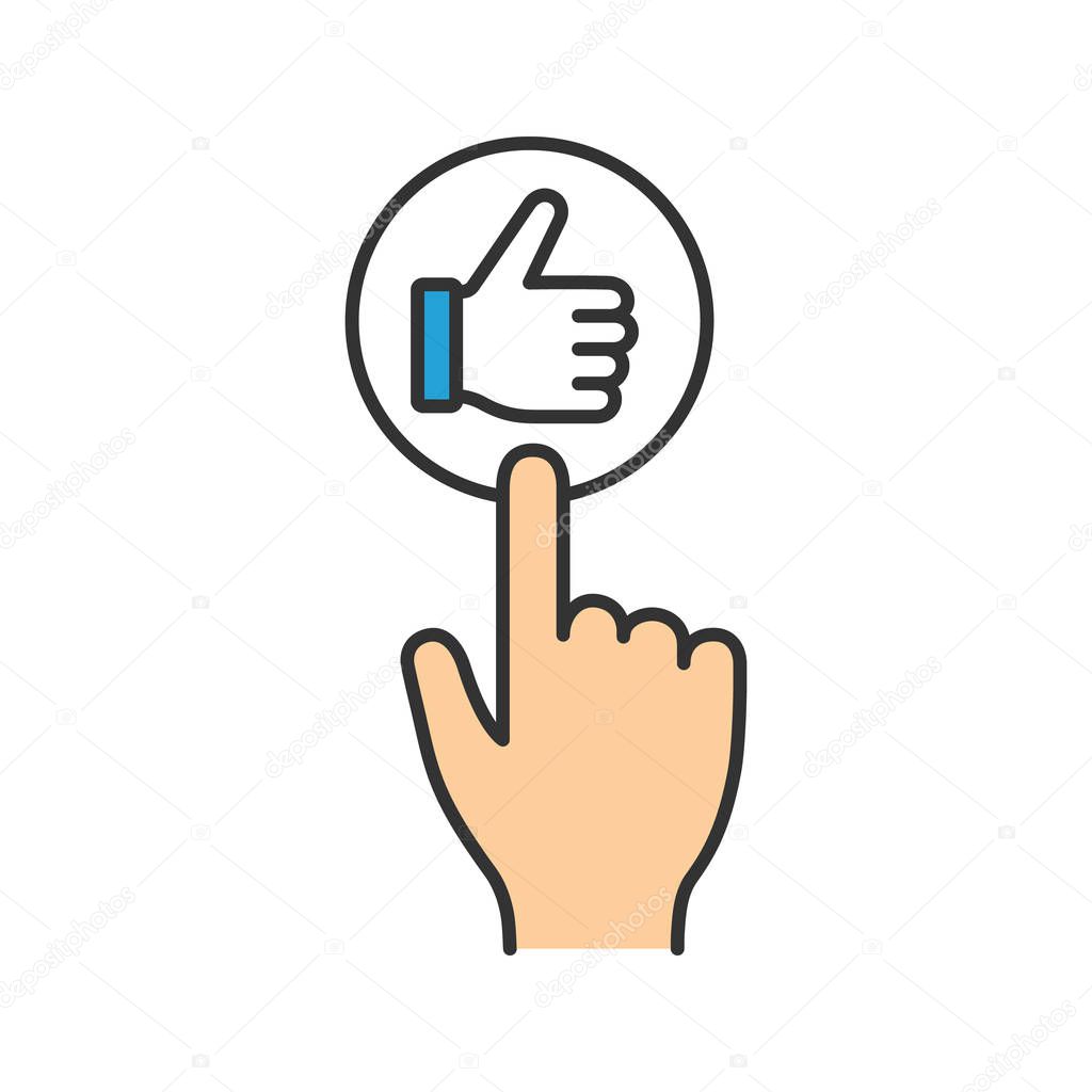 hand pressing Like button color icon. Isolated vector illustration