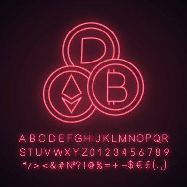 Cryptocurrency neon ışığı simgesi siyah arka plan üzerine