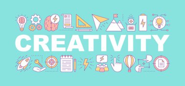 Yaratıcılık kelime kavramları afiş mavi arka plan