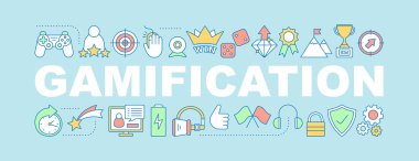 Gamification kelime kavramları afiş mavi arka plan