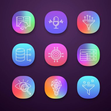 Makine App Icons set öğrenme. UI/Ux Kullanıcı arabirimi. Yapay zeka. Veritabanı. AI. Dijital teknoloji. Web ya da mobil uygulamalar. İzole vektör çizimler