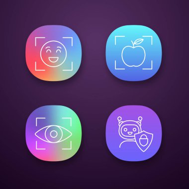 Yüz tanıma, nesne algılama, retina taraması, sohbet etmek Icons set güvenli