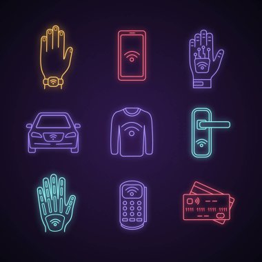 NFC teknolojisi neon ışık Icons set.
