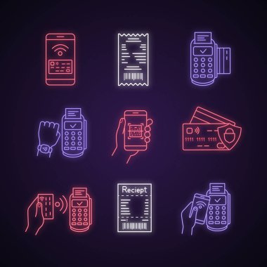 NFC ödeme neon ışık Icons set. 