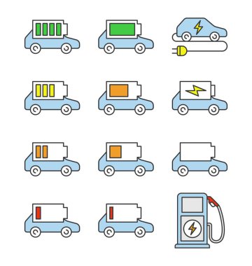 Elektrikli araba pil şarj renk Icons set. 
