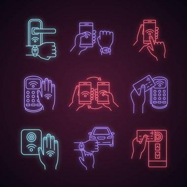 NFC teknolojisi neon ışık Icons set