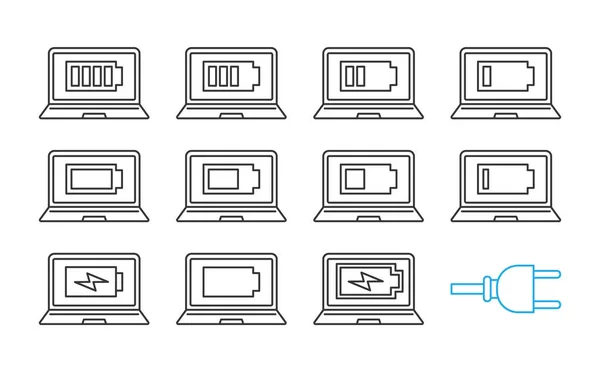 Laptopbatterij Opladen Lineaire Pictogrammen Set — Stockvector