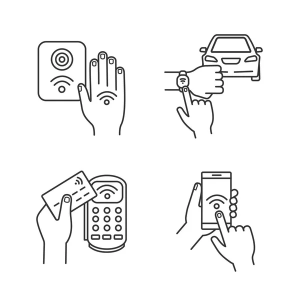 Nfc Technology Linear Icons Set Smartphone Car Bracelet Payment Terminal — Stock Vector