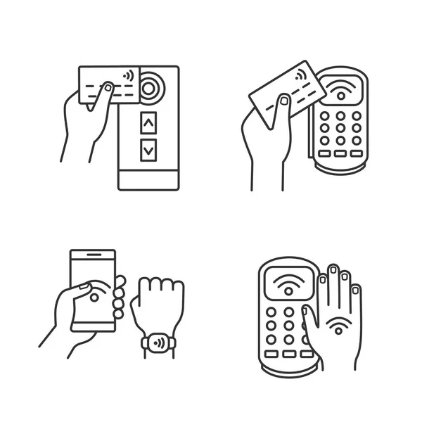 Nfc 技術線形アイコンを設定する クレジット カードの読者 決済端末 ブレスレットとスマート フォン 手ステッカー — ストックベクタ