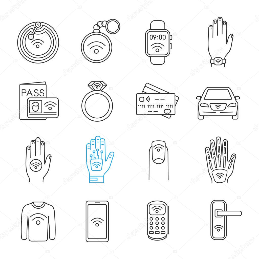 NFC technology linear icons set.