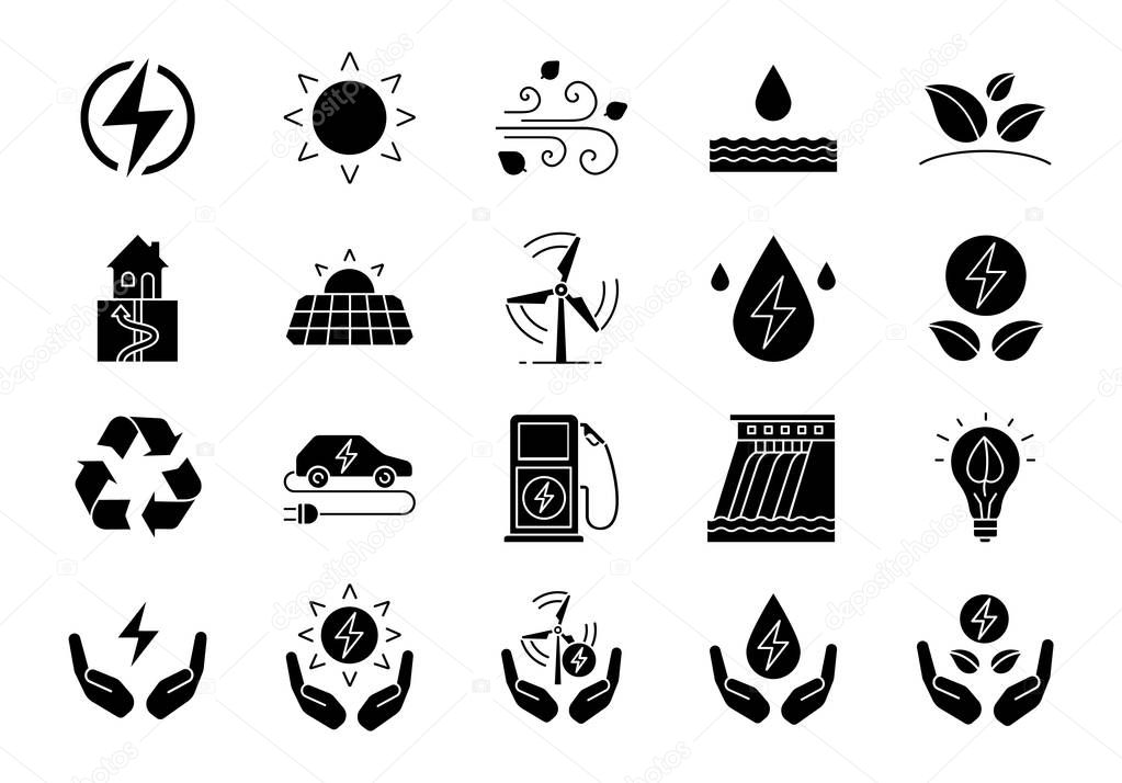 Alternative energy sources glyph icons set. 