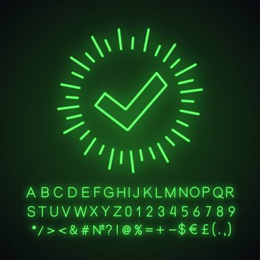 Onay işareti neon ışığı simgesi, başarıyla test. 