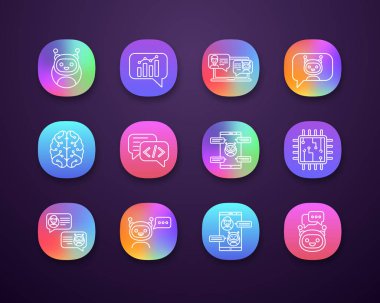 Chatbots app Icons set, sanal görevlileri. 