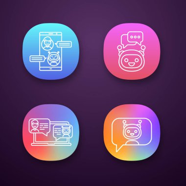 Chatbots app Icons set, sanal görevlileri. 