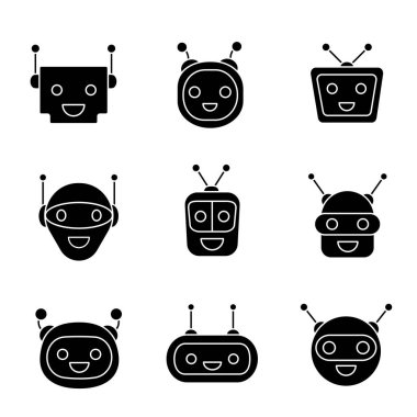 Chatbots glif Icons set, sanal görevlileri koleksiyonu gülüyor. 