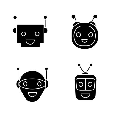 Chatbots glif Icons set, sanal görevlileri koleksiyonu gülüyor. 