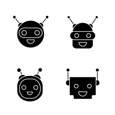 Chatbots glif Icons set, sanal görevlileri koleksiyonu gülüyor. 