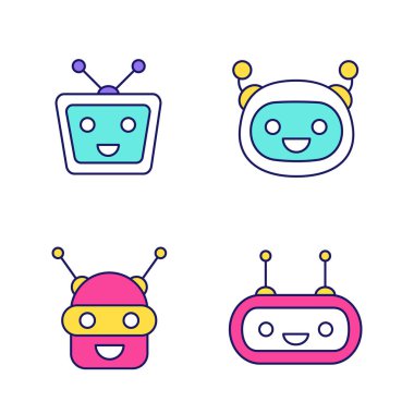 Chatbots color icons set, laughing virtual assistants collection. clipart