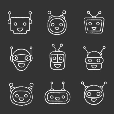 Chatbots tebeşir Icons set, modern robotlar emojis. 