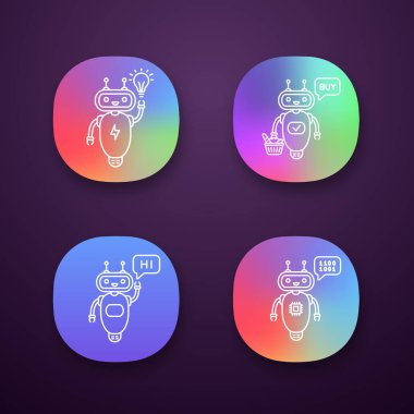 Chatbots app simgeleri ayarlayın. UI/Ux Kullanıcı arabirimi. Talkbots. Sanal görevlileri. Yeni bir fikir değil satın almak, Merhaba, kod sohbet botlar. Modern robotlar. Web ya da mobil uygulamalar. İzole vektör çizimler