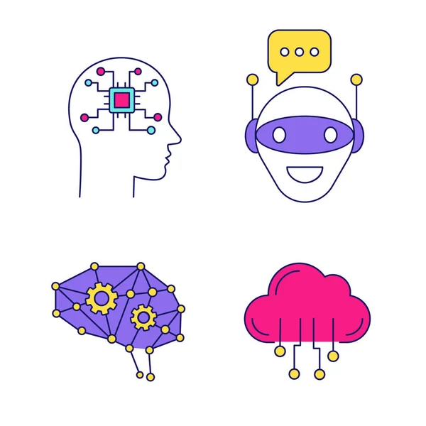 Set Icone Colore Intelligenza Artificiale — Vettoriale Stock