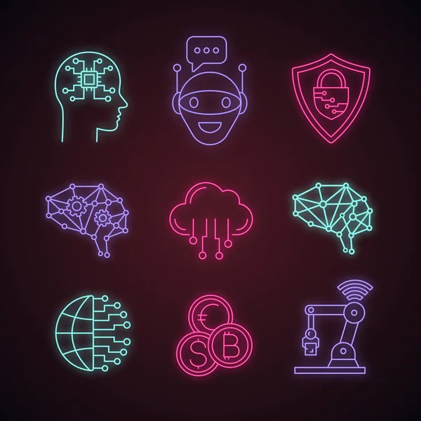 Yapay Zeka Neon Işık Icons Set — Stok Vektör