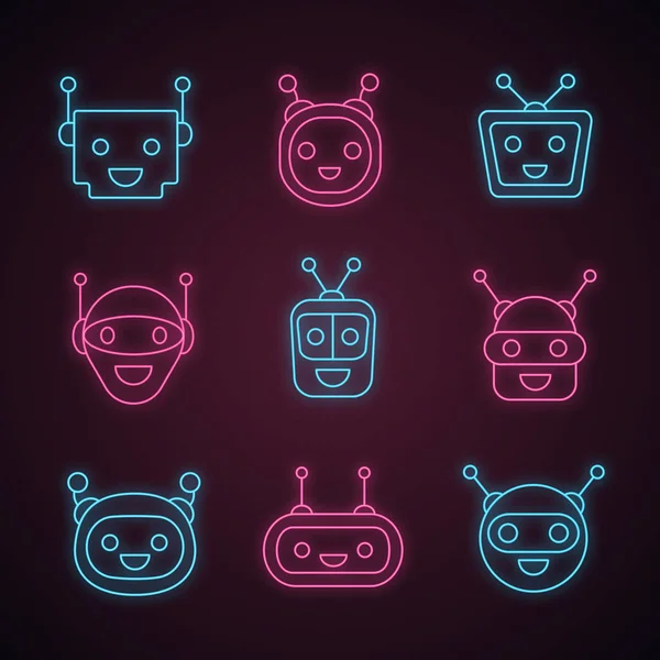 Chatbots Neonljus Ikoner Set — Stock vektor