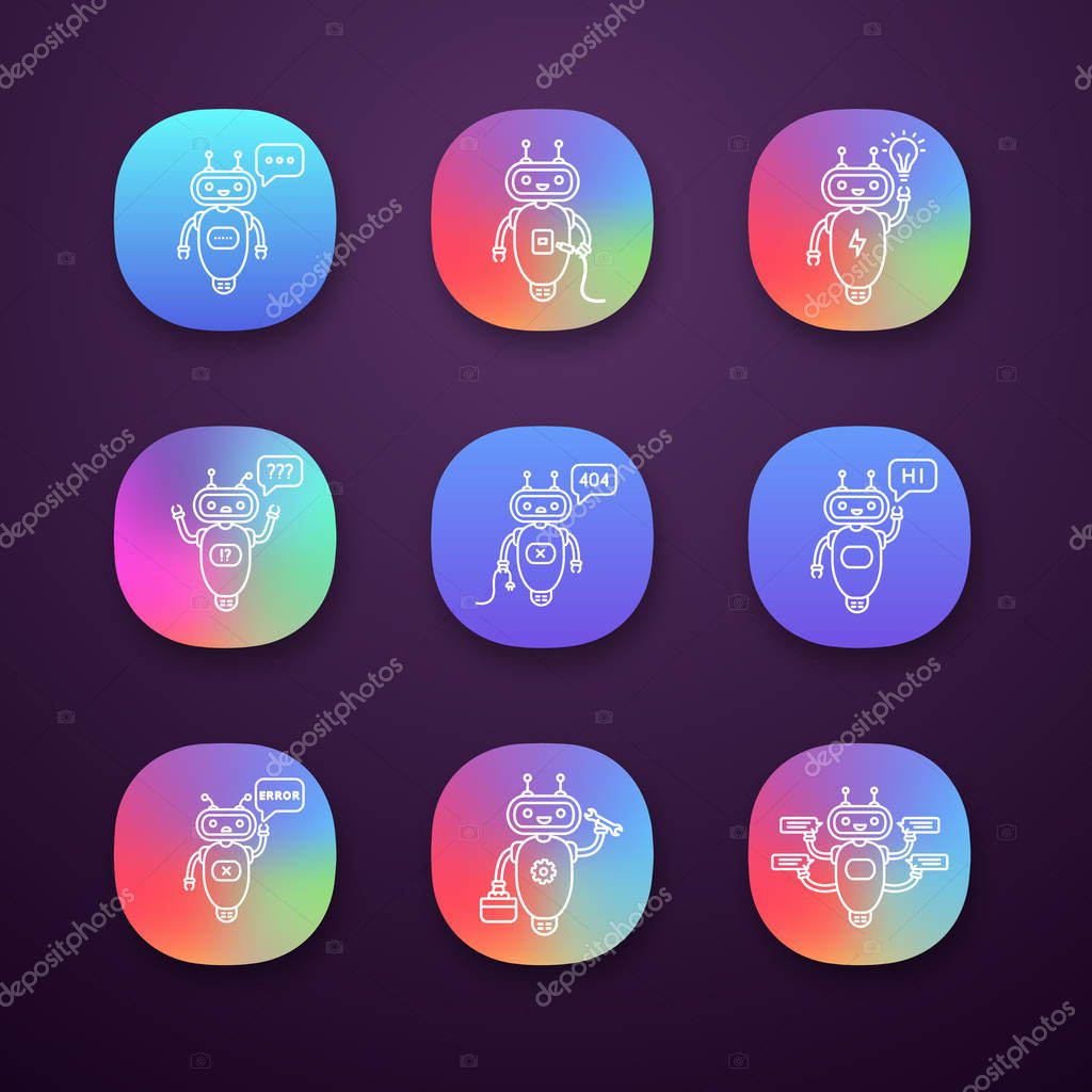 Chatbots app icons set, virtual assistants.